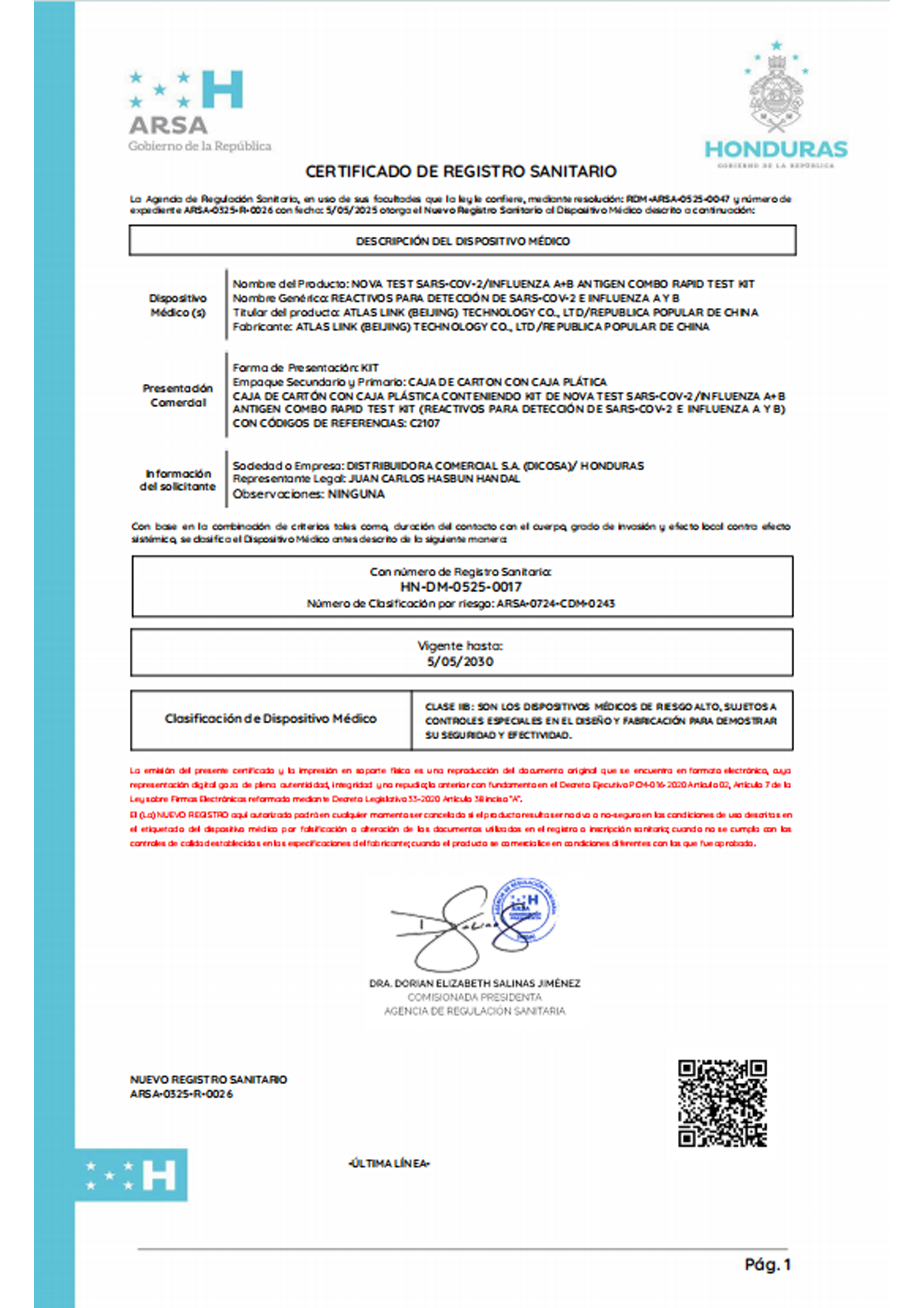 Honduras Device Registration Certificate