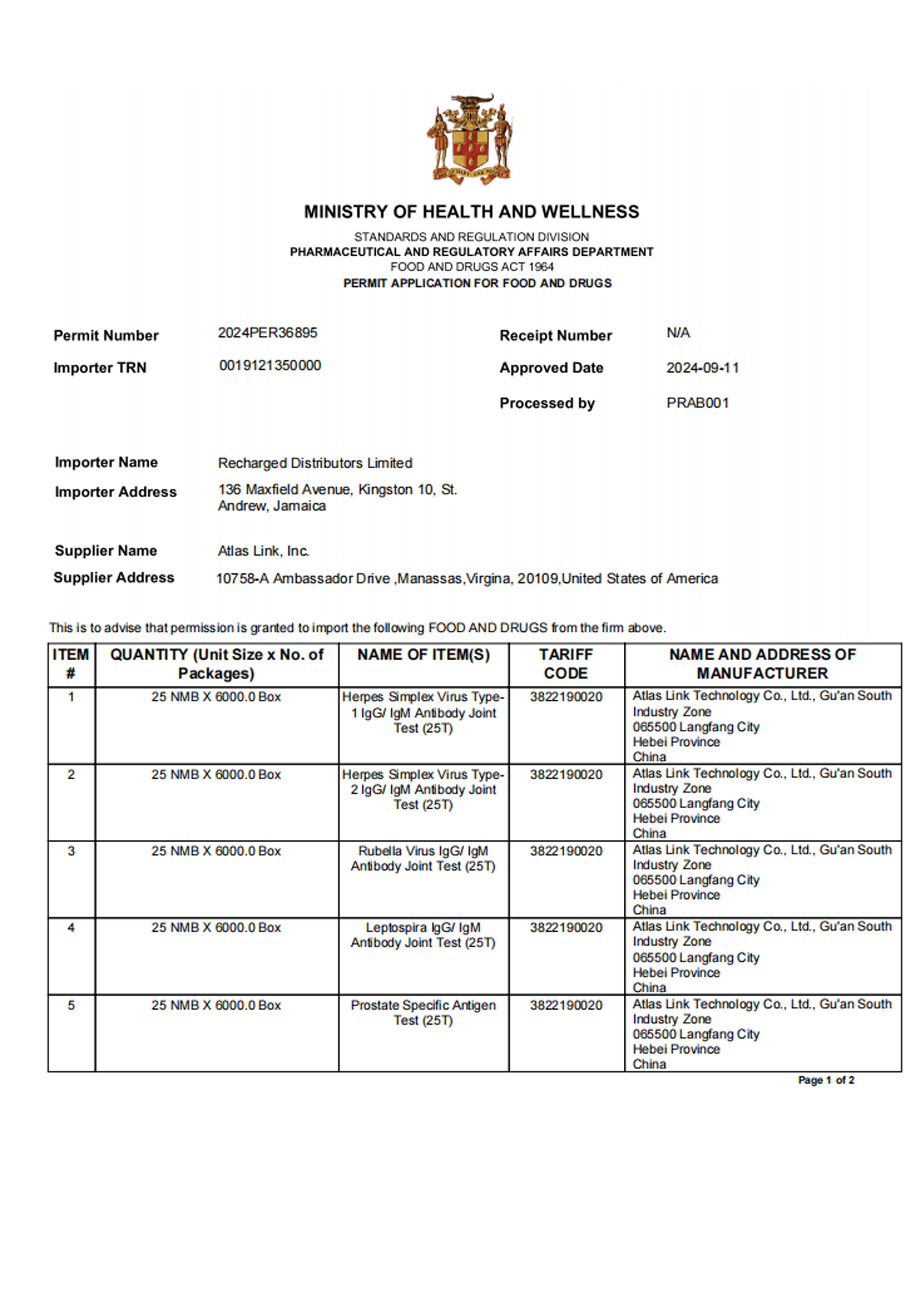 Jamaica Device Registration Certificate
